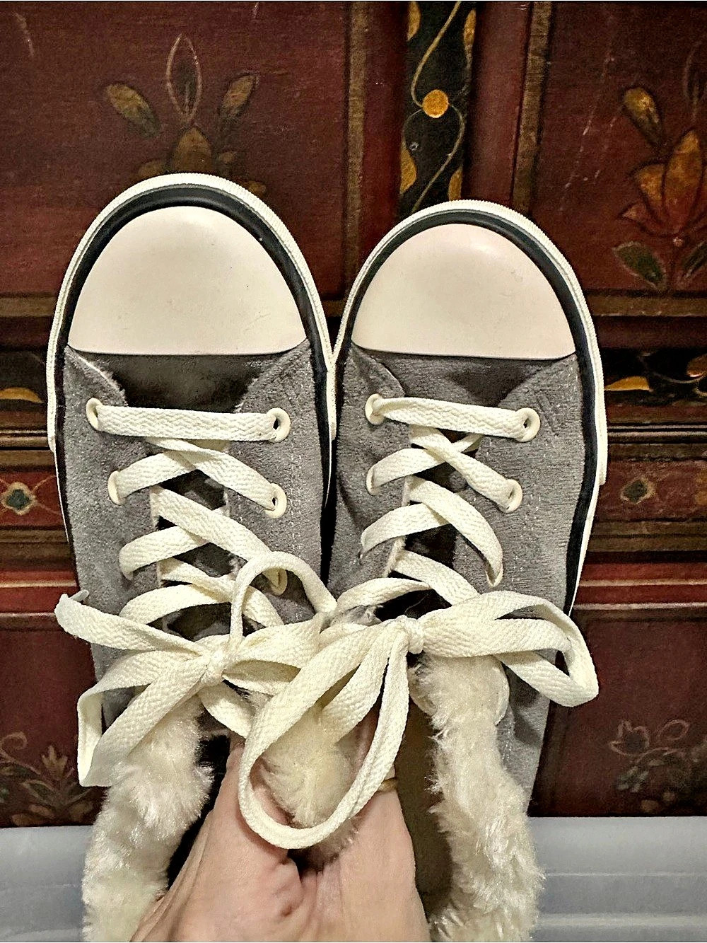 Converse-style Gray & White Fur-Lined Sneakers